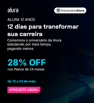 Banner promocional da Alura com fundo azul escuro. No topo, o logotipo da Alura. O texto diz: “O presente é SEU. Chegou o Aniversário da Alura e preparamos uma surpresa PARA VOCÊ. 20% OFF para estudar na Alura. Válido de 12 a 23 de maio”. Abaixo, um botão rosa com a frase “APROVEITE O DESCONTO”. Na parte inferior do banner, há a imagem de uma caixa de presente azul com laço brilhante.